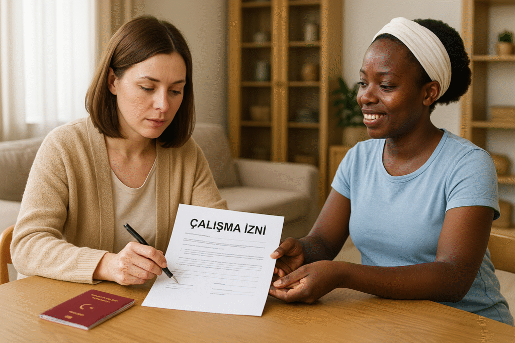 Oturma odası masasında ‘ÇALIŞMA İZNİ’ belgesini imzalayan işveren ve masada hazır duran yabancı uyruklu çalışanın pasaportu.