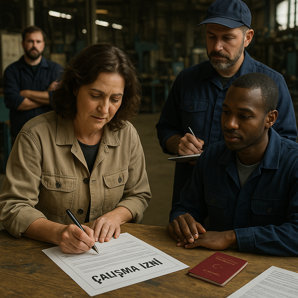 Endüstriyel atölyede çalışma izni belgesini masada imzalayan işveren, yanındaki yabancı uyruklu çalışan ve arka planda not alan amir.