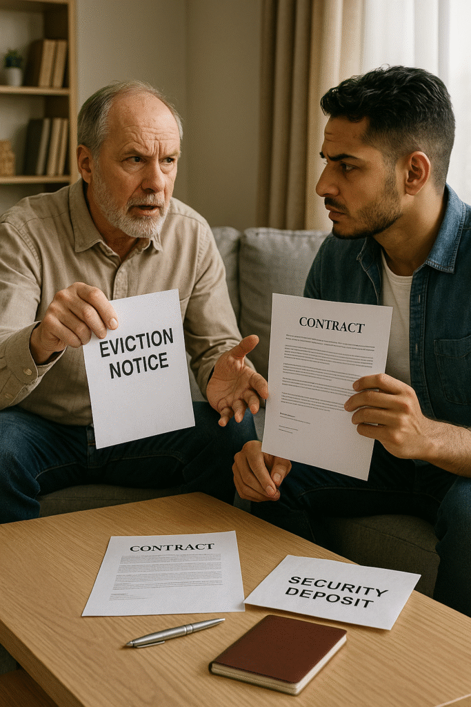 Ev sahibi, oturma odasında oturan yabancı kiracıya ‘Tahliye Bildirimi’ belgesini uzatırken, kiracı elindeki kira sözleşmesini tutuyor; masada ‘Depozito’ yazılı zarf ve kalem duruyor.
