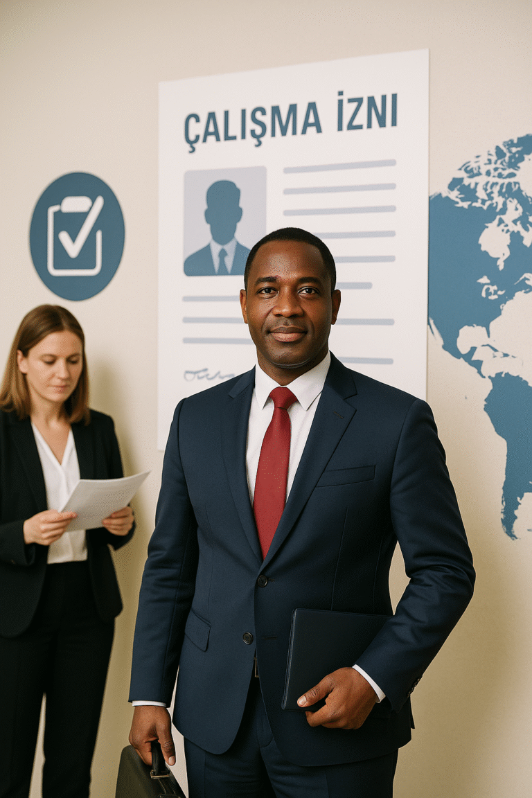 Türkiye'de çalışma izni almış yabancı bir personelin de dahil olduğu profesyonel bir ekibin, ofiste proje üzerinde işbirliği yapması.