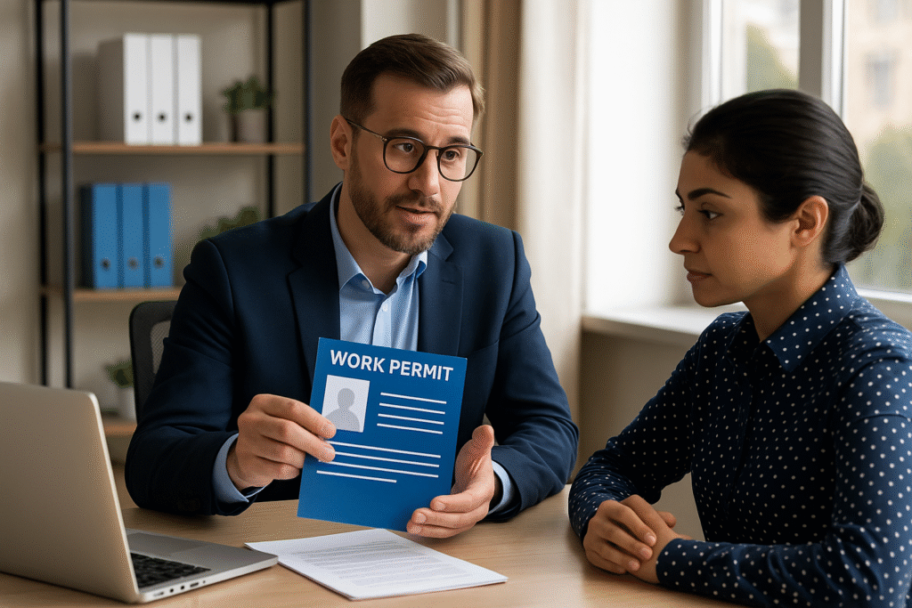 Bir işverenin, yabancı personel için gerekli pasaport ve şirket evraklarıyla e-İzin sistemi üzerinden çalışma izni başvurusu yapması.