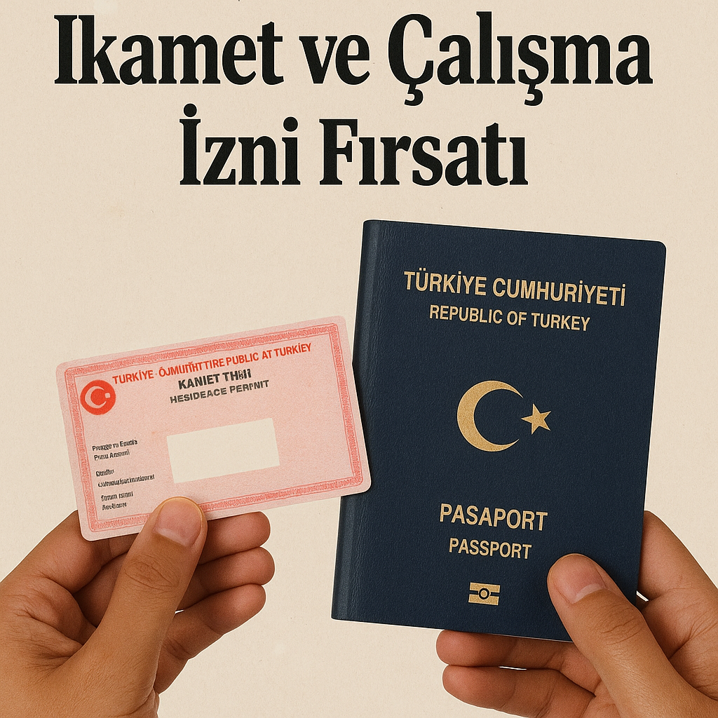 Bir el Türk ikamet izni kartı, diğer el Türk pasaportu tutuyor. Üzerinde “İkamet ve Çalışma İzni Fırsatı” yazısı bulunan resmi duyuru tarzı görsel.