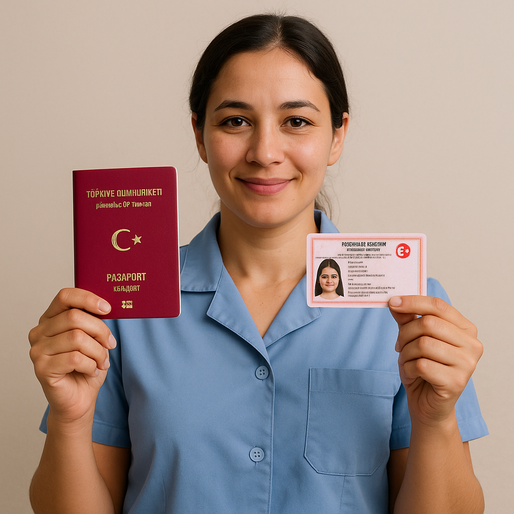 Mavi gömlekli genç kadın, elinde kırmızı Türk pasaportu ve pembe renkli ikamet izni kartını tutarak kameraya gülümsüyor.