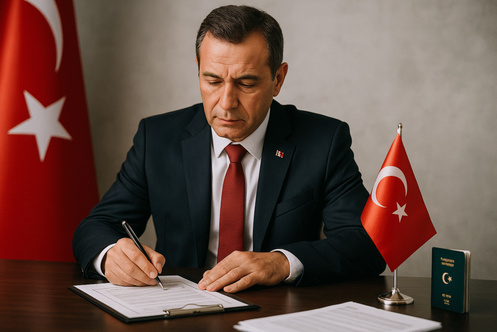 Türk yetkili, Cumhurbaşkanı kararıyla Türk soylu yabancıların çalışma izinleriyle ilgili belgeyi imzalarken, arka planda Türk bayrağı yer alıyor.