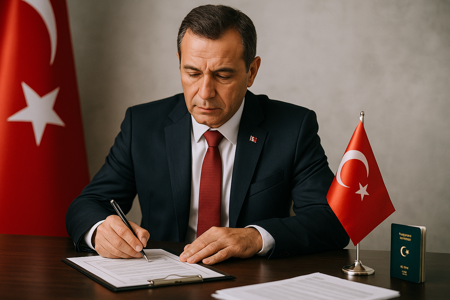 Türk yetkili, Cumhurbaşkanı kararıyla Türk soylu yabancıların çalışma izinleriyle ilgili belgeyi imzalarken, arka planda Türk bayrağı yer alıyor.
