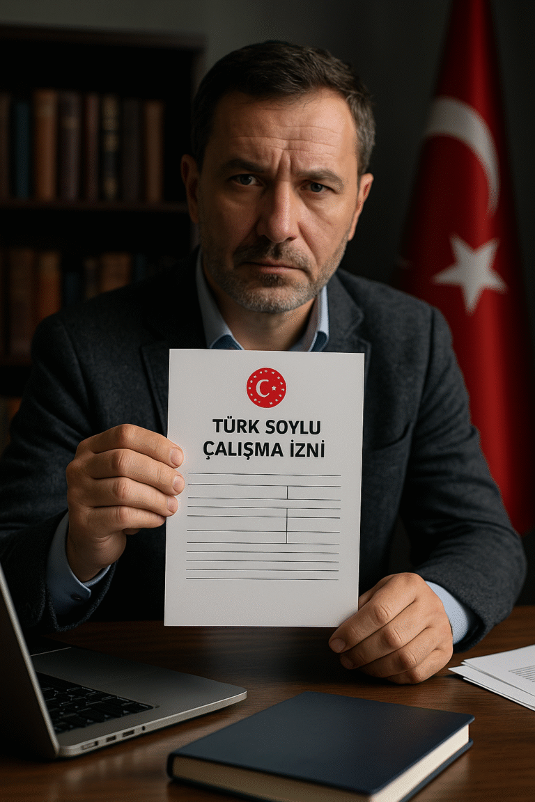Bir Türk erkek yetkili, elinde “Türk Soylu Çalışma İzni” başlıklı resmi belgeyi tutarken, arka planda Türk bayrağı yer alıyor.