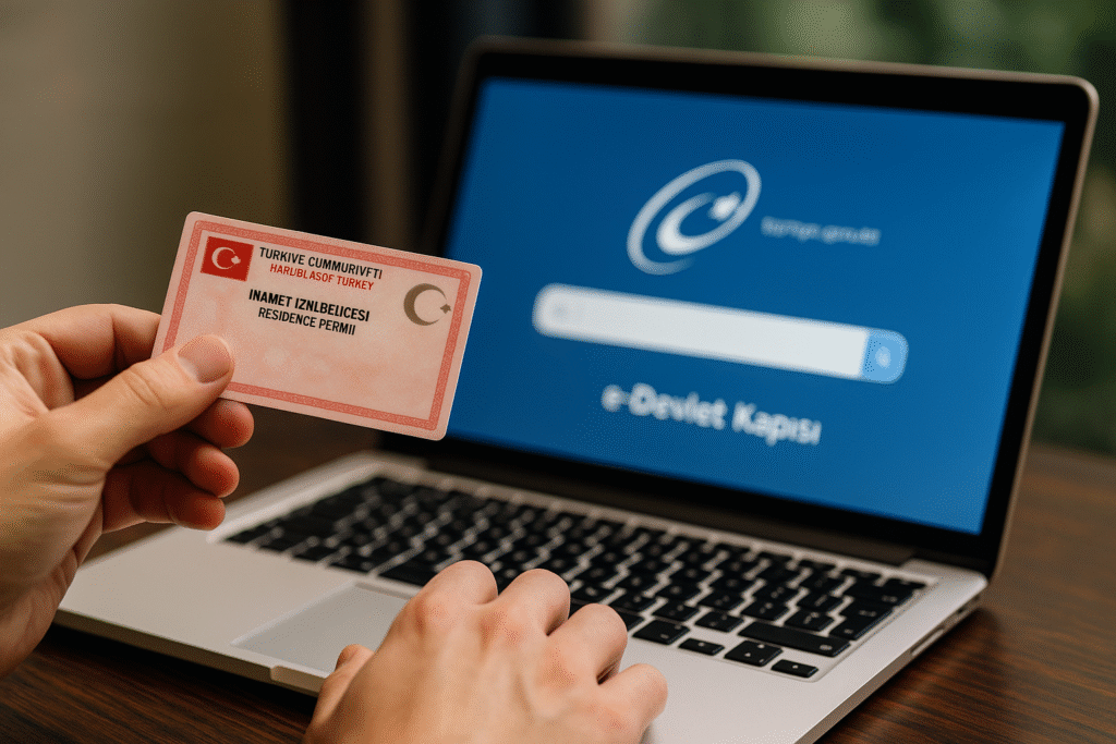 Bir kişi, elinde Türkiye Cumhuriyeti ikamet izni kartını tutarken bilgisayar ekranında e-Devlet Kapısı sitesini görüntülüyor.