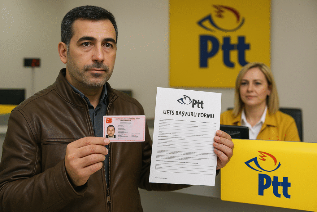 Bir erkek, PTT ofisinde elinde Türkiye ikamet izni kartı ve UETS başvuru formunu tutuyor. Arka planda PTT logosu yer alıyor.