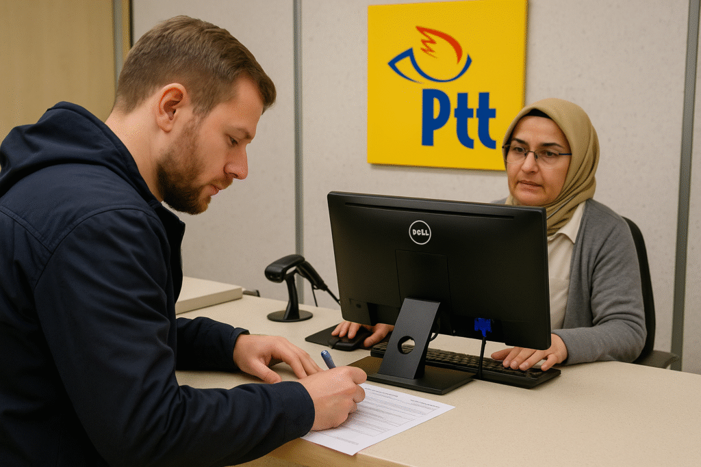 Bir yabancı erkek, PTT gişesinde UETS adresi başvurusu yaparken görevliye evraklarını teslim ediyor. Masada pasaport ve ikamet izni kartı bulunuyor.