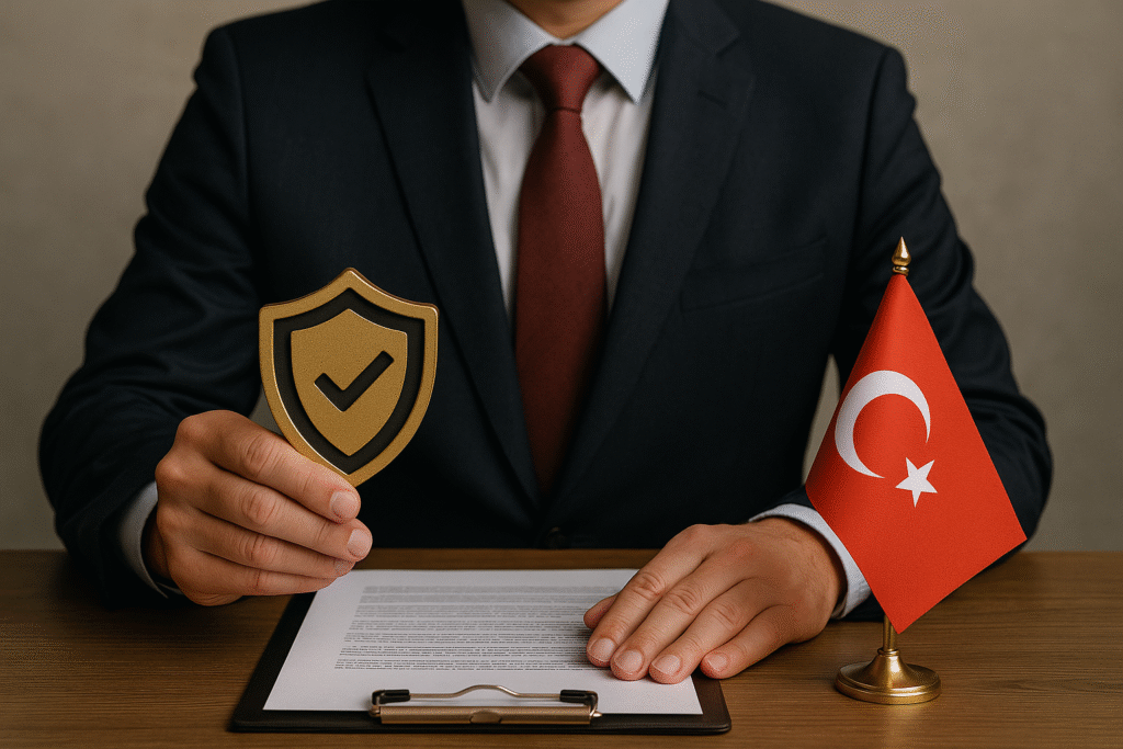 Masada Türk bayrağı ve güven simgesi tutan takım elbiseli iş insanı.