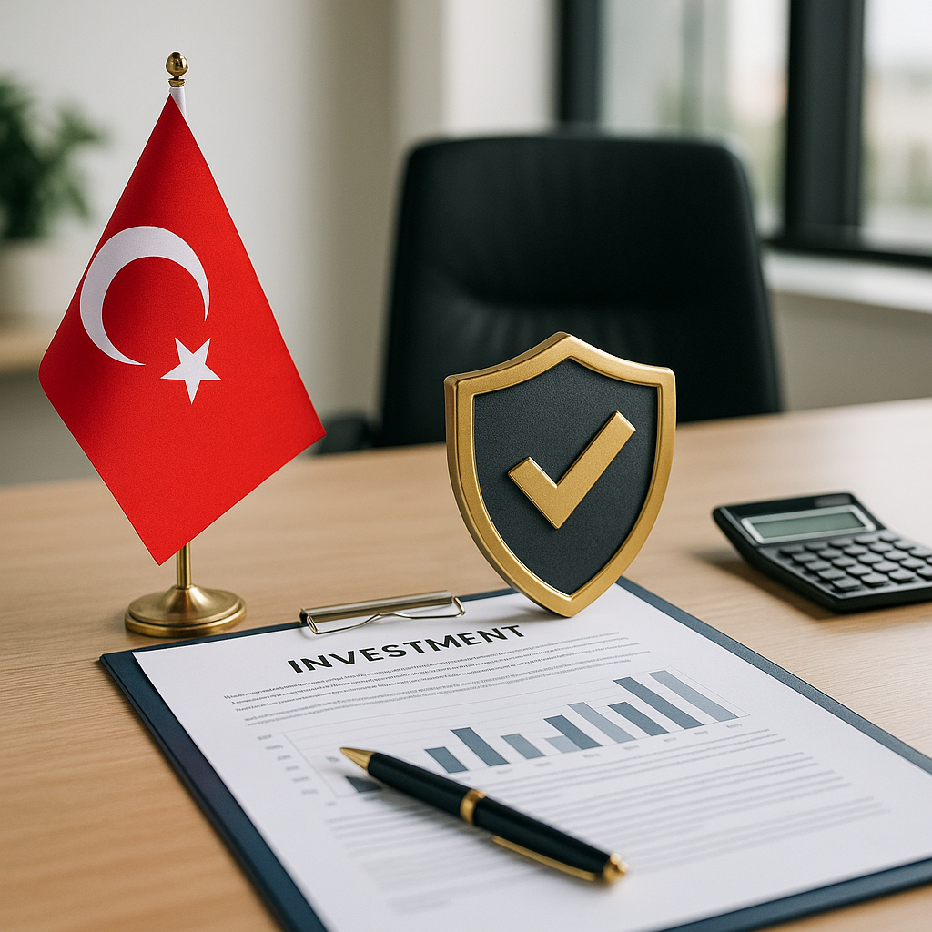 Masada Türk bayrağı, yatırım belgeleri, kalem ve güven simgesiyle profesyonel bir ofis sahnesi.