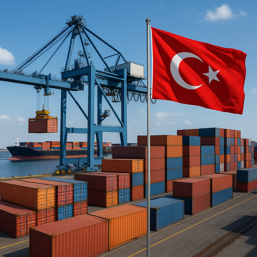 Türk bayrağı önünde konteyner vinçleriyle yükleme yapılan liman ve arka planda seyreden gemi.