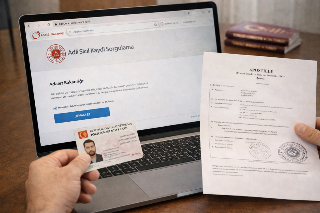 Yabancı kimlik kartı ile e-Devlet üzerinden adli sicil kaydı sorgulama ve apostil belgesi hazırlama süreci