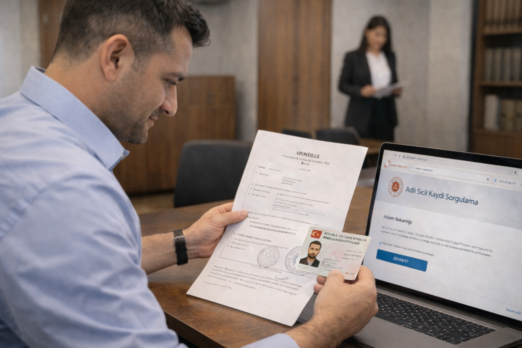 Yabancı uyruklu kişinin e-Devlet üzerinden adli sicil kaydı sorgulaması ve apostil belgelerini incelemesi