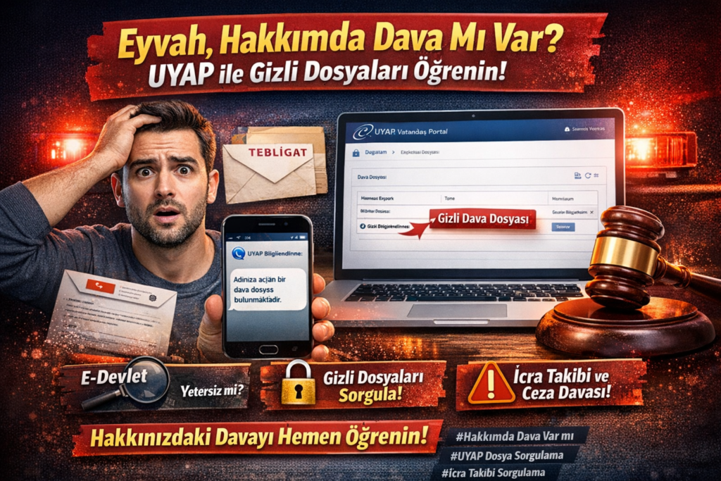 Endişeli bir adamın yanında UYAP Vatandaş Portalı ekranı, bir mahkeme tokmağı ve tebligat zarflarının bulunduğu, "Hakkımda dava mı var?" sorusunun sorulduğu bir dijital ilan görseli.