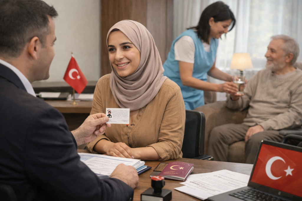Ev hizmetleri çalışma izni alan yabancı bakıcının, avukat aracılığıyla kimlik kartını teslim alması ve yaşlı bakım hizmetine yasal olarak başlaması