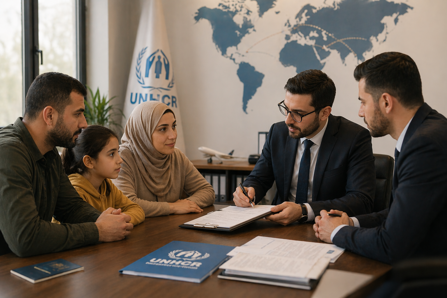 Mülteci aile, BMMYK ofisinde ikincil koruma üçüncü ülkeye yerleştirme süreci için avukatlarıyla resettlement başvurusunu yürütüyor