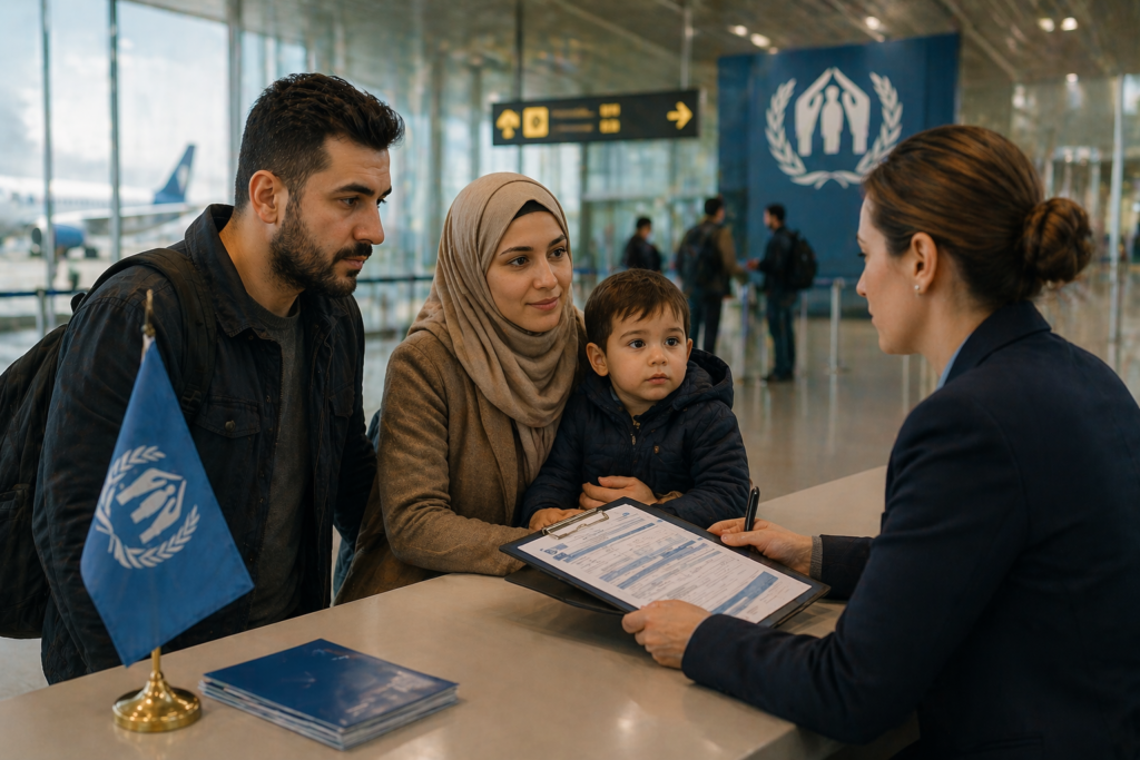 Mülteci aile, havalimanındaki BMMYK görevlisiyle ikincil koruma üçüncü ülkeye yerleştirme resettlement sürecini tamamlarken belge imzalıyor