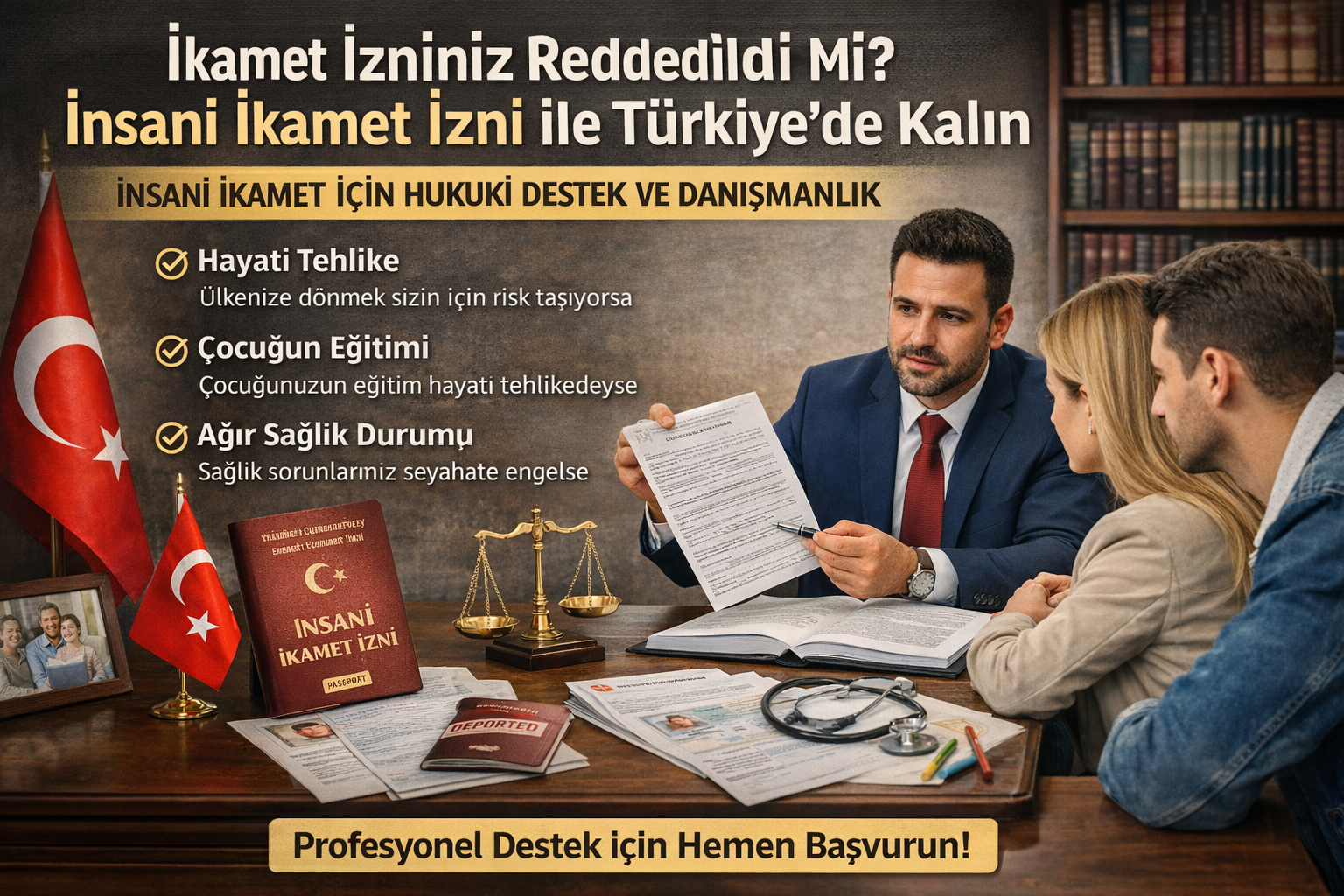 İkamet izni reddedilen yabancı çift, hukuk bürosunda avukatla görüşerek insani ikamet izni şartları, deport riski ve sağlık/eğitim gerekçeli yasal kalış hakkı hakkında bilgi alıyor.
