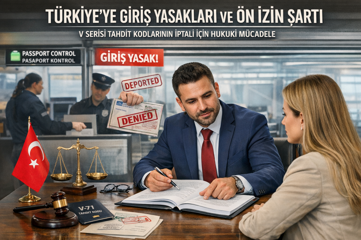 V-71 tahdit kodu işlenmiş pasaport, adalet terazisi ve "Denied" (Reddedildi) damgasıyla Türkiye giriş yasağı iptali davasını temsil eden avukat ve müvekkil.
