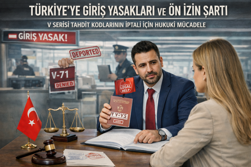 Türkiye giriş yasağı için hukuk danışmanlığı alan yabancı uyruklu kadın, V-71 tahdit kodu damgalı pasaport, adalet terazisi ve "Legal Help" (Hukuki Yardım) ikonu.
